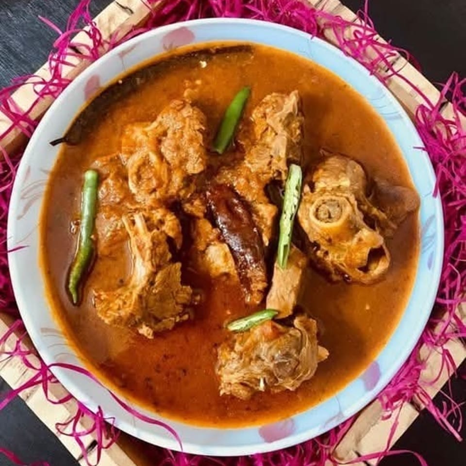 Overhead view of a bowl of rich reddish-brown stew with bone-in meat pieces and green chilies, surrounded by pink shredded paper.